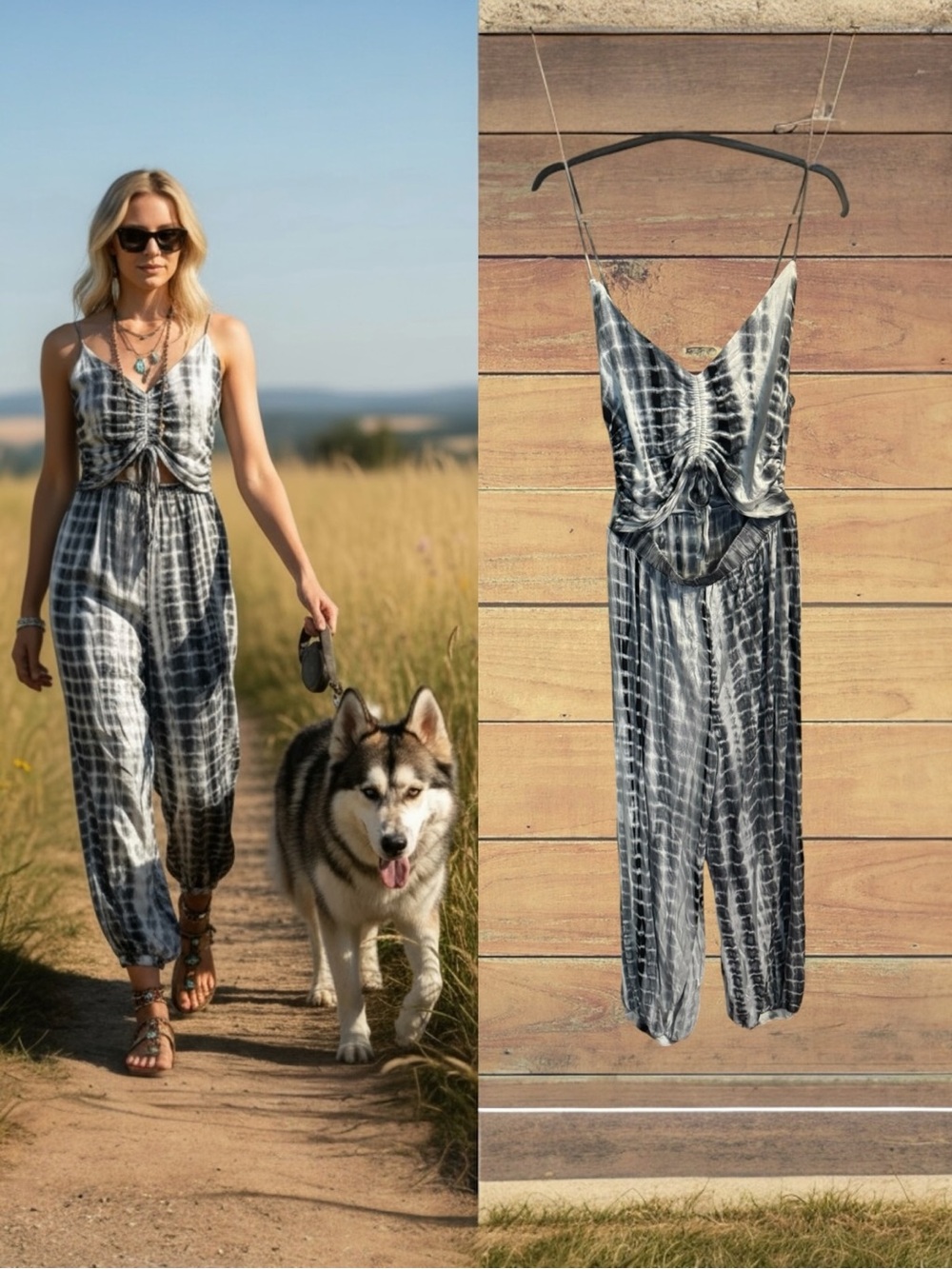 HYFVE Black & White Tie Dye Cut Out Monochromatic Grid Jumpsuit Size Large